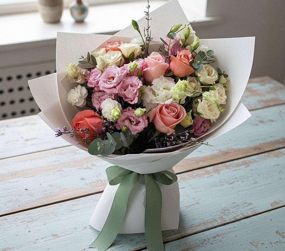 Букет цветов из: Розы, Лизиантусы и Гвоздики в Лапино