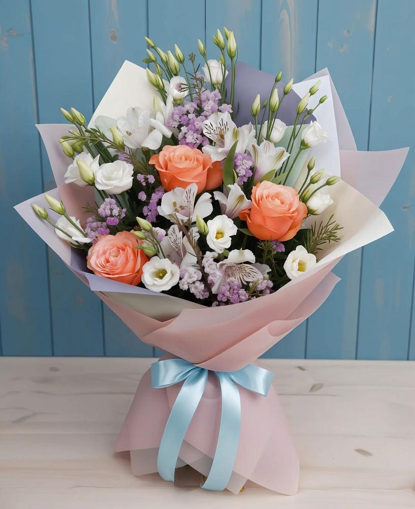 Букет цветов из: Лизиантусы, Розы, Альстромерии и Гипсофила в Лапино